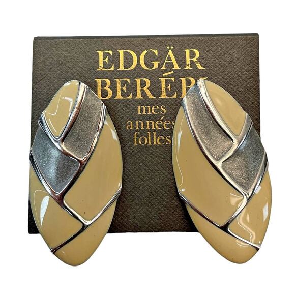 Vintage 90s Edgar Berebi Drop Pierced Post Earrings Silver Cream Enamel Mod Art - Picture 1 of 2